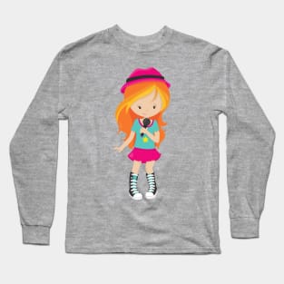 Rock Girl, Orange Hair, Band Singer, Microphone Long Sleeve T-Shirt